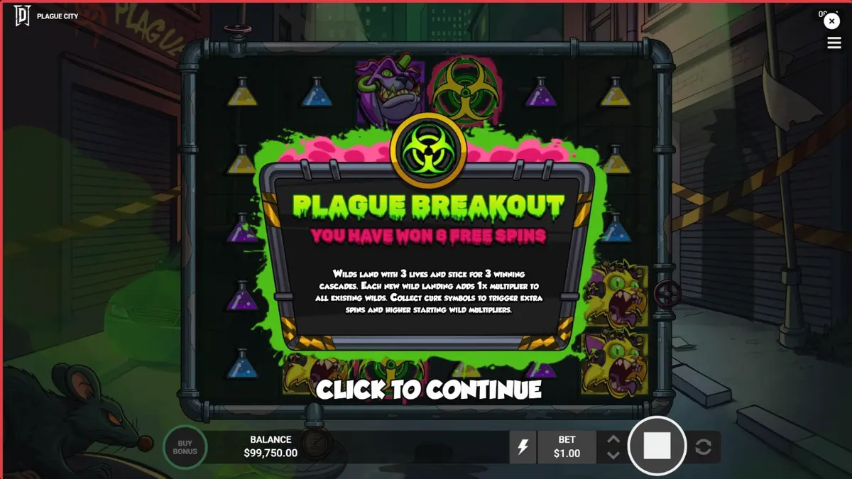 Isang madilim at apocalyptic na tanawin ng lungsod sa Plague City slot na may mga mutated na nilalang.