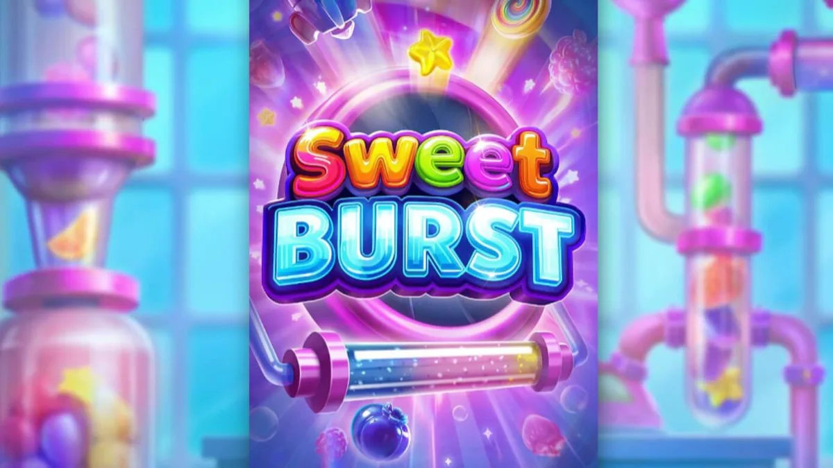 Isang makulay na 6x5 grid ng Sweet Burst slot na puno ng mga kendi at prutas sa isang futuristic na laboratoryo.